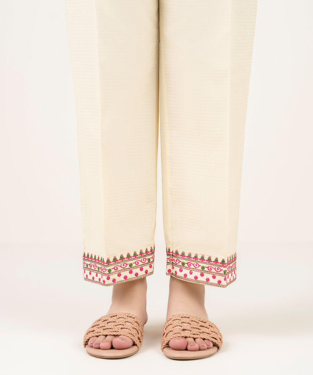 Women's RTW Dobby Embroidered Off White Straight Pants