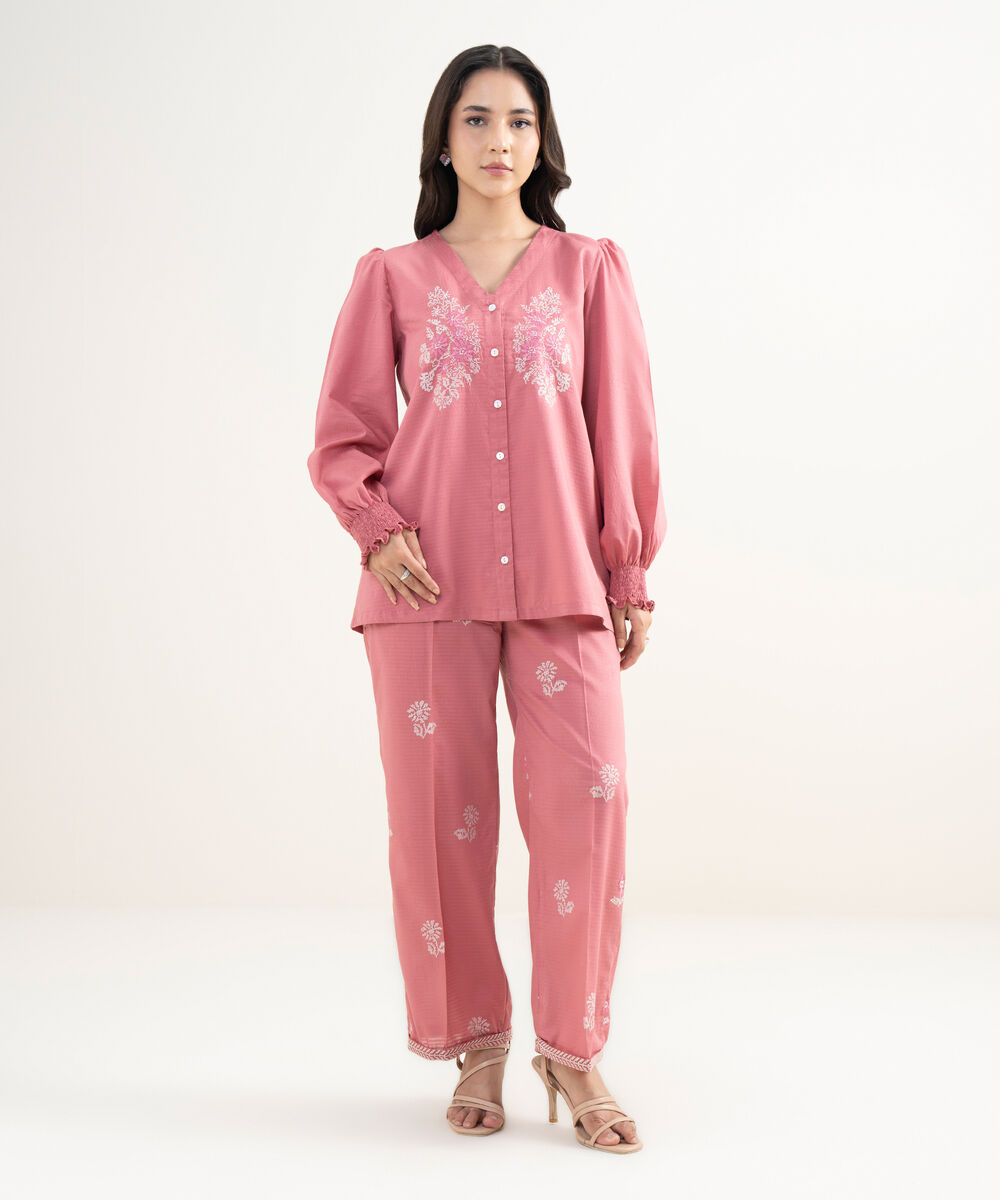 Women's RTW Dobby Embroidered Pink Straight Shirt