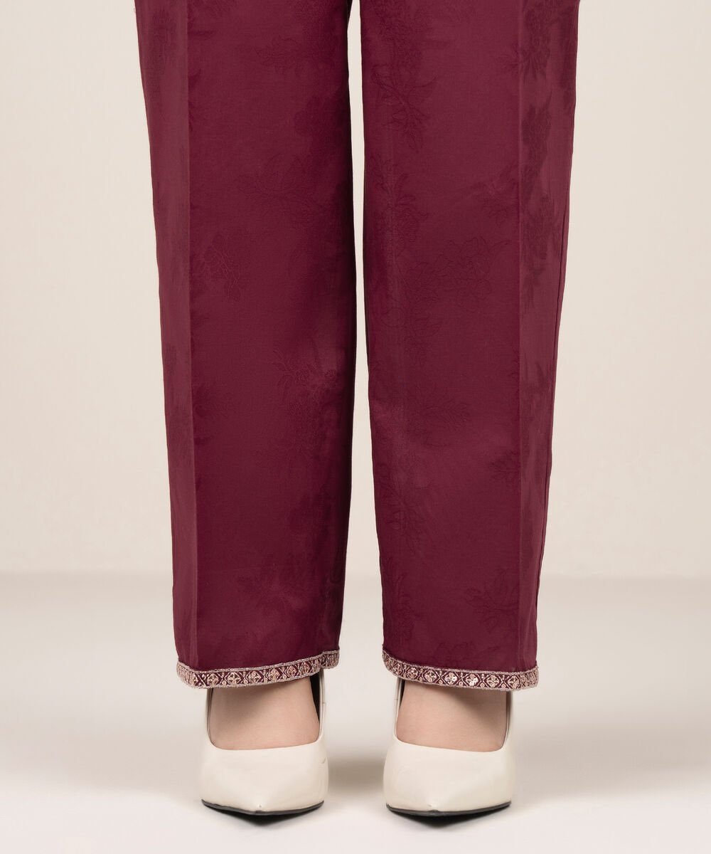 Women's RTW Self Jacquard Leno Embroidered Maroon Straight Pants