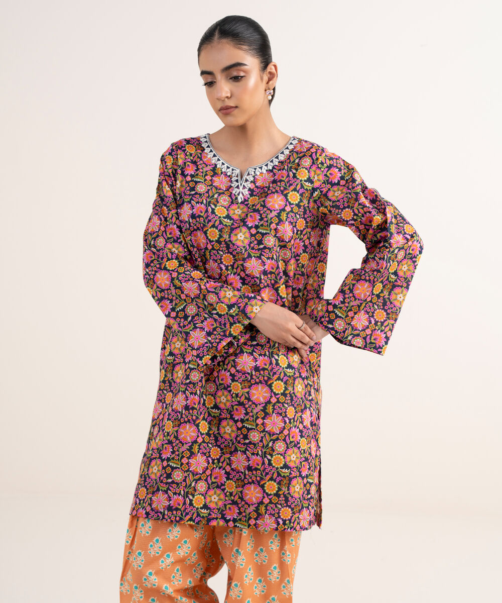 Women's RTW Textured Lawn Black Embroidered A-Line Shirt