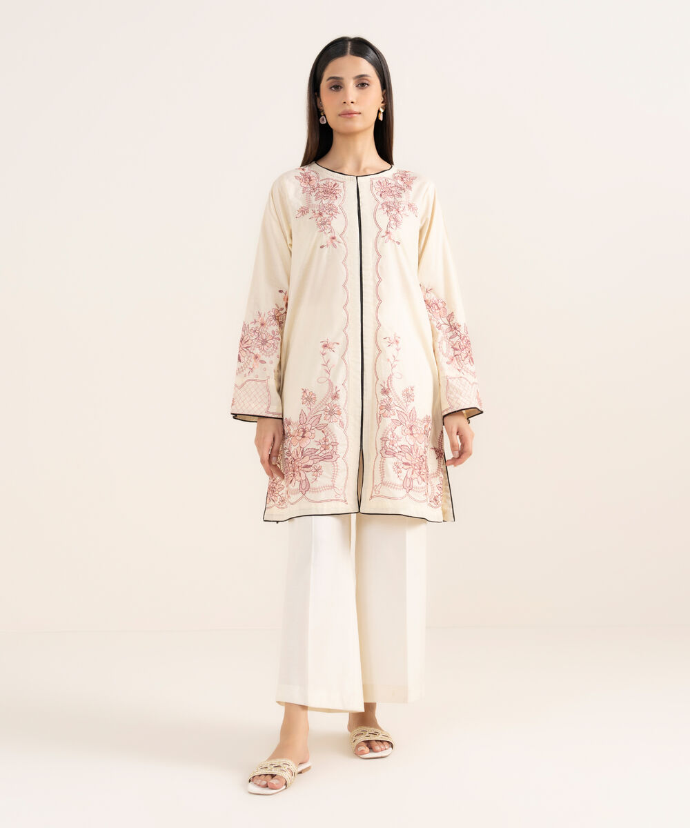 Women's RTW Textured Lawn Off White Embroidered A-Line Shirt