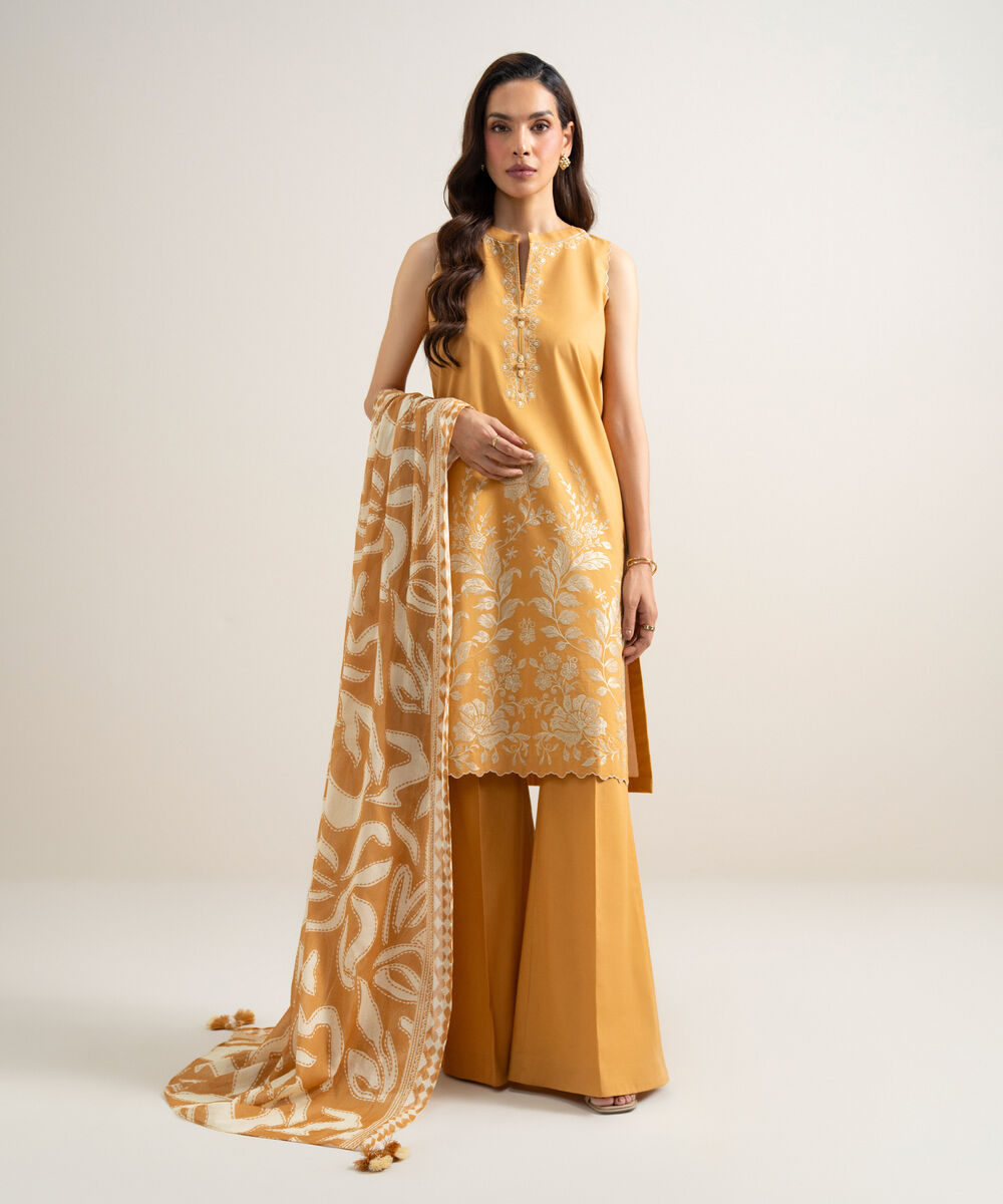 Women's Unstitched Lawn Embroidered Mustard Yellow  3 Piece Suit