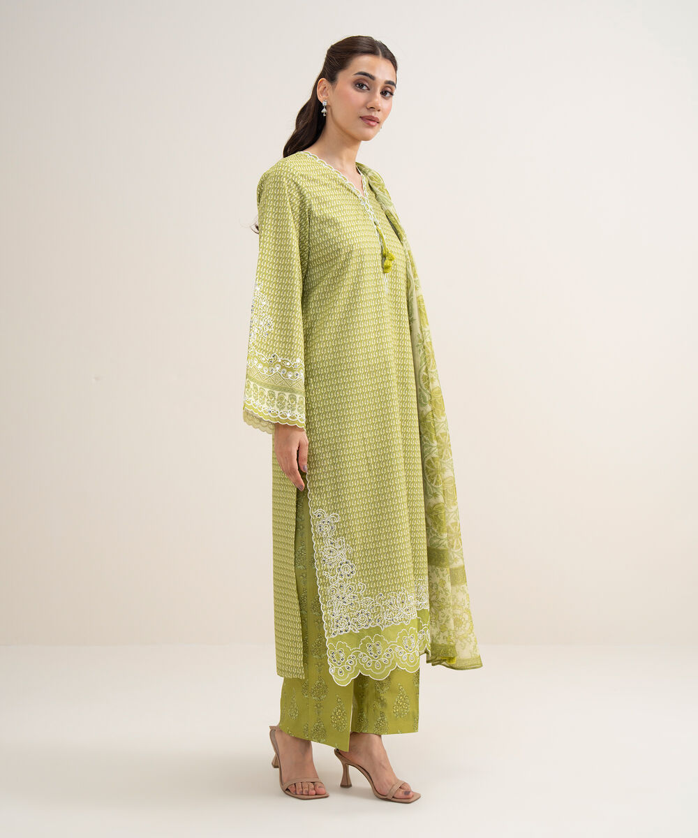 Women's Unstitched Lawn Embroidered Parrot Green 3 Piece Suit