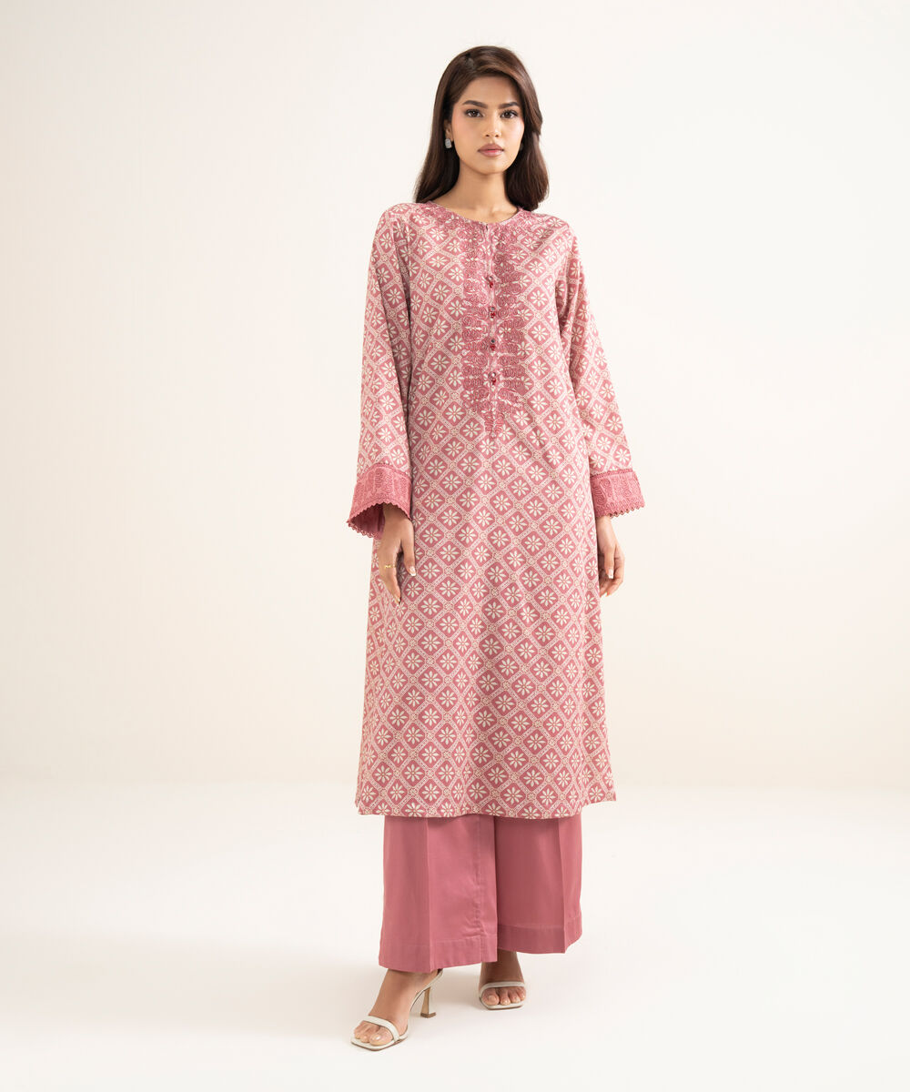 Women's RTW Lawn Embroidered Pink A-Line Shirt