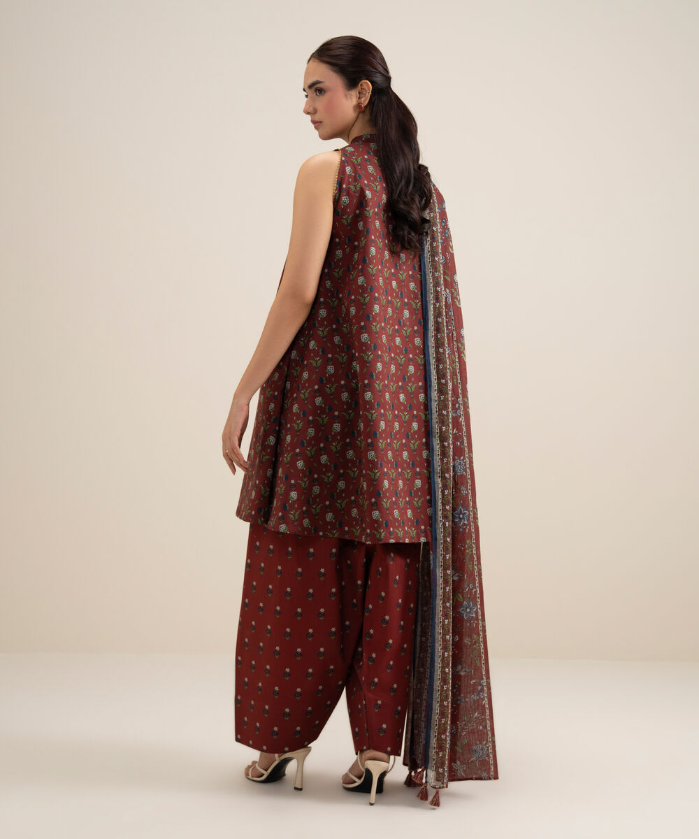 Women's Unstitched Lawn Printed Red 3 Piece Suit