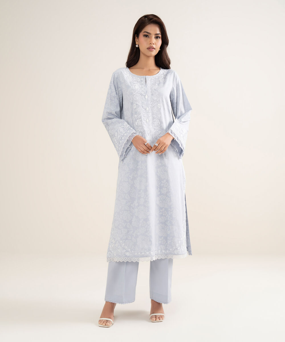 Women's RTW Premium Cotton Satin Embroidered Purple A-Line Shirt