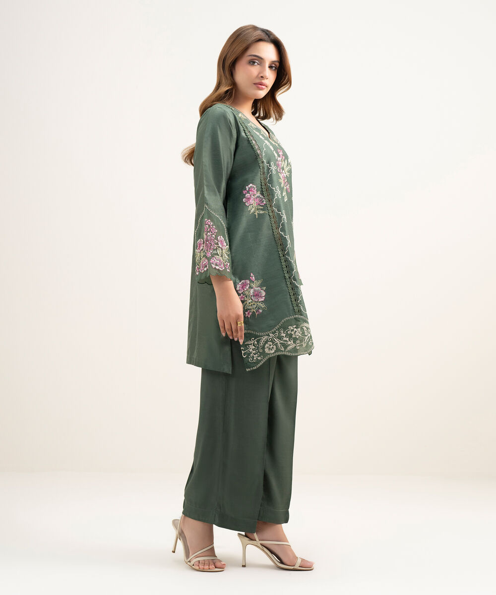 Women's RTW Silk Cotton Net Embroidered Dark Green 2 Piece Suit