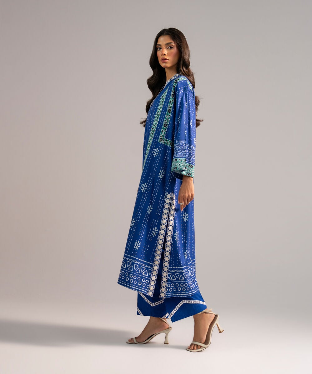 Women's RTW Lawn Embroidered Dark Blue Drop Shoulder Shirt