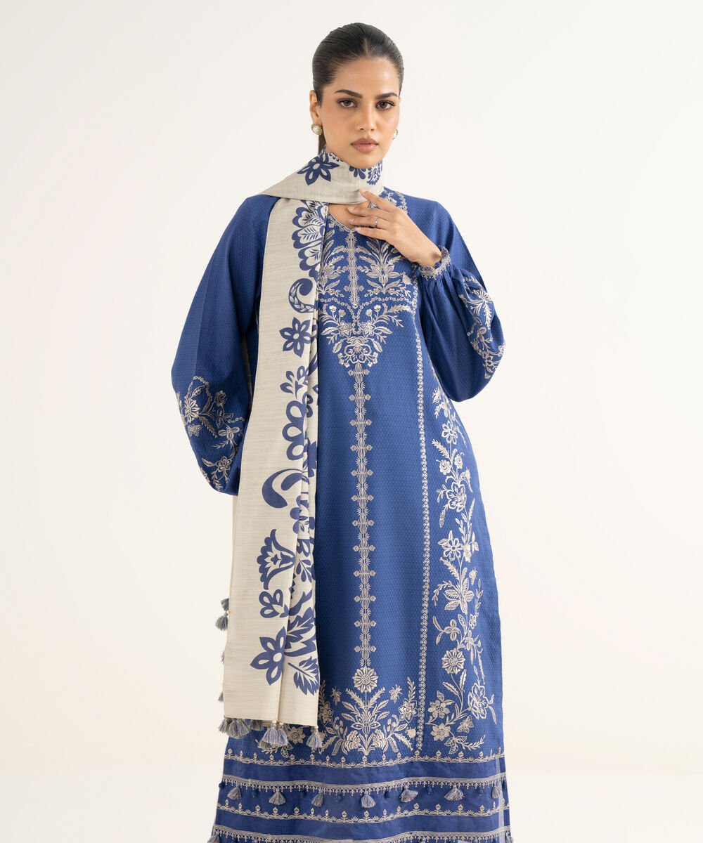 Women's Unstitched Dobby Embroidered Blue 3 Piece Suit