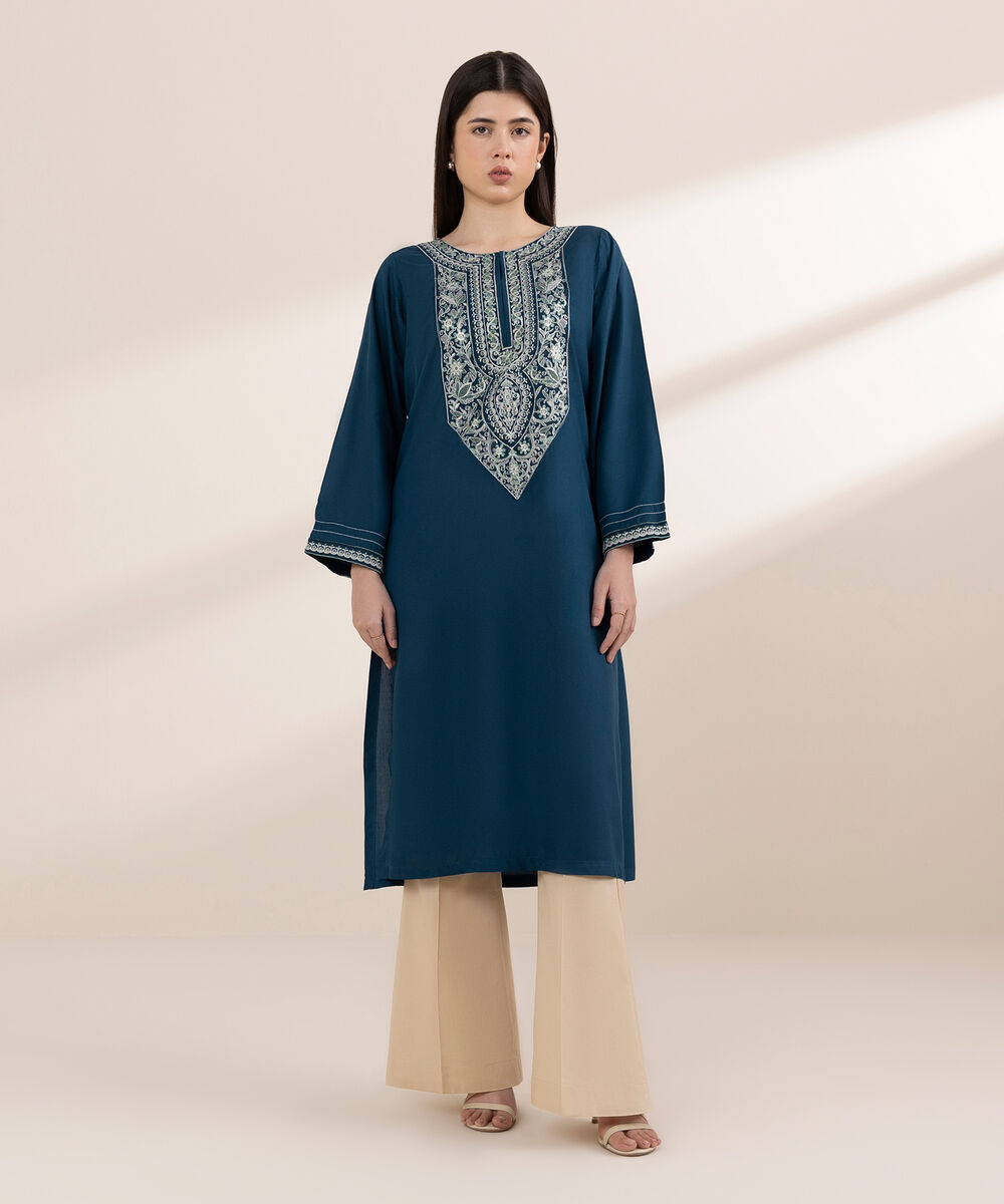 Women's RTW Arabic Lawn Blue Embroidered A-Line Shirt