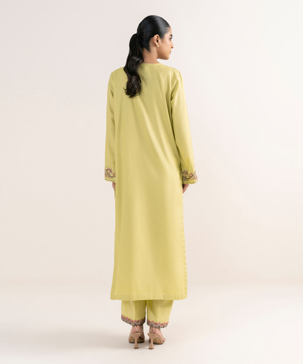 Women's RTW Cotton Satin Yellow Embroidered A-Line Shirt