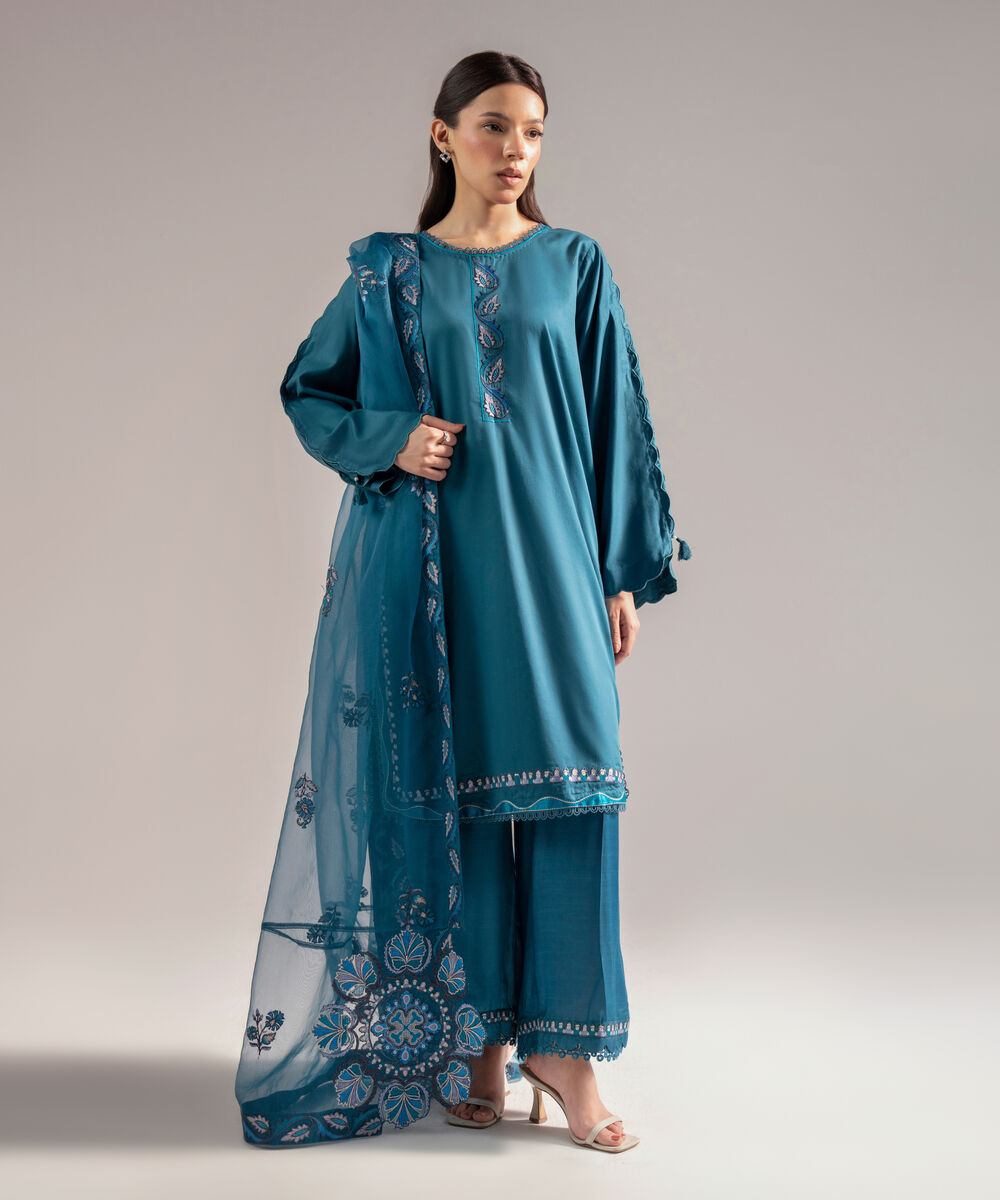 Blended Organza Embroidered Teal Dupatta
