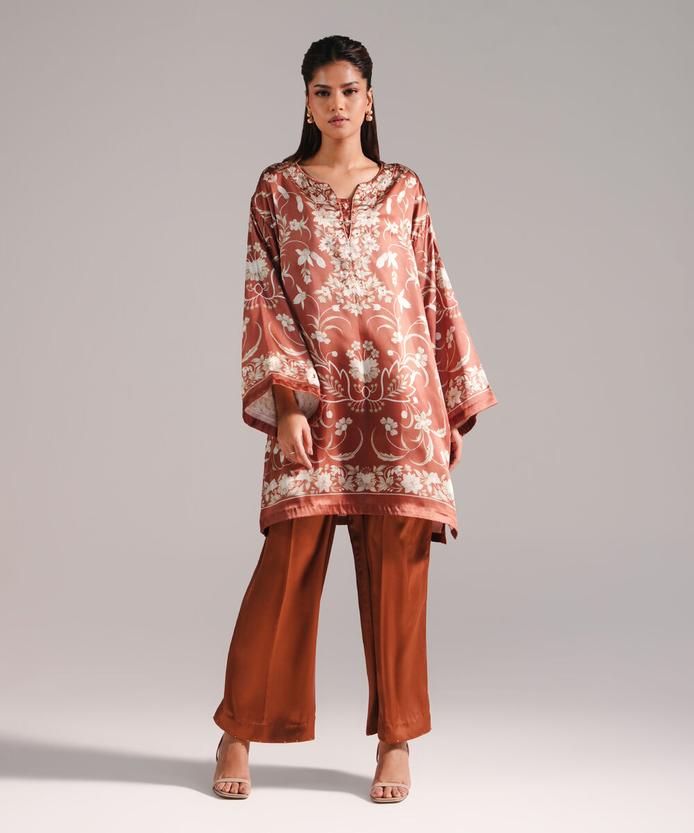 Women's RTW Blended Satin Printed Brown 2 Piece Suit