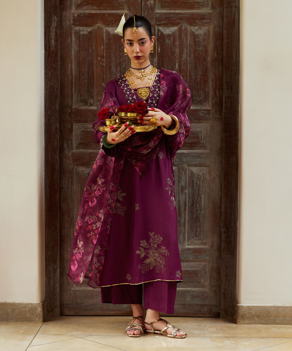Women's RTW Viscose Raw Silk Embroidered Purple 3 Piece Suit