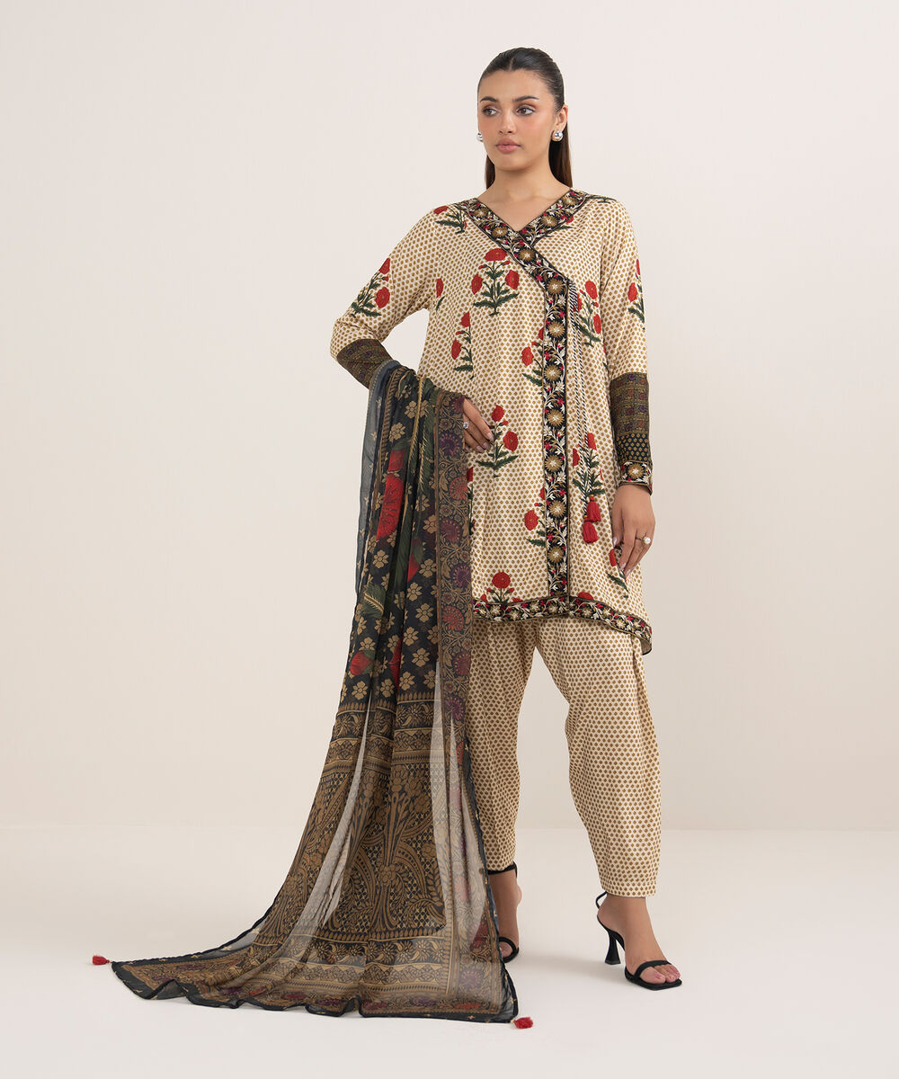 Women's RTW Arabic Lawn Beige Printed Aline Shirt