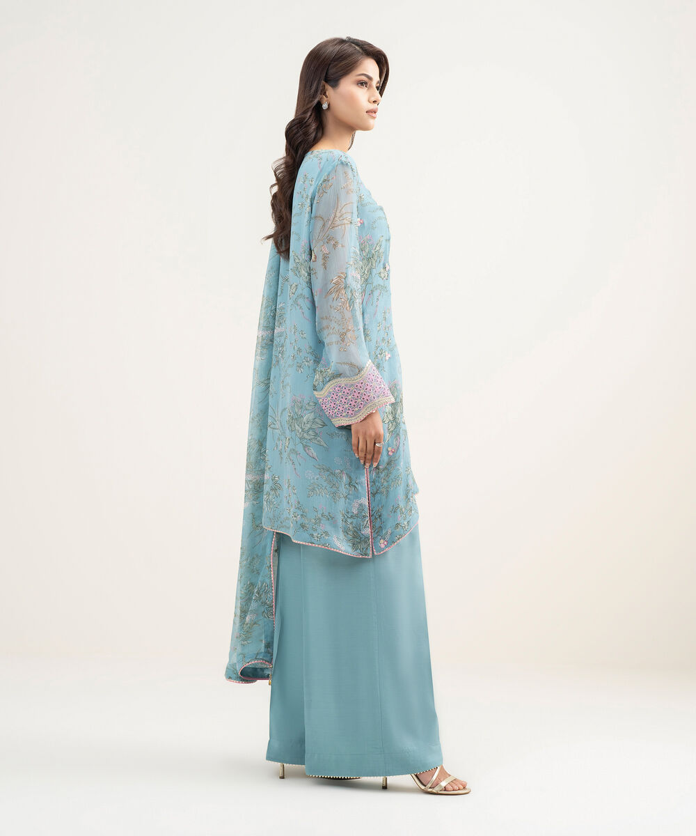 Women's RTW Blended Chiffon Embroidered Blue 3 Piece Suit