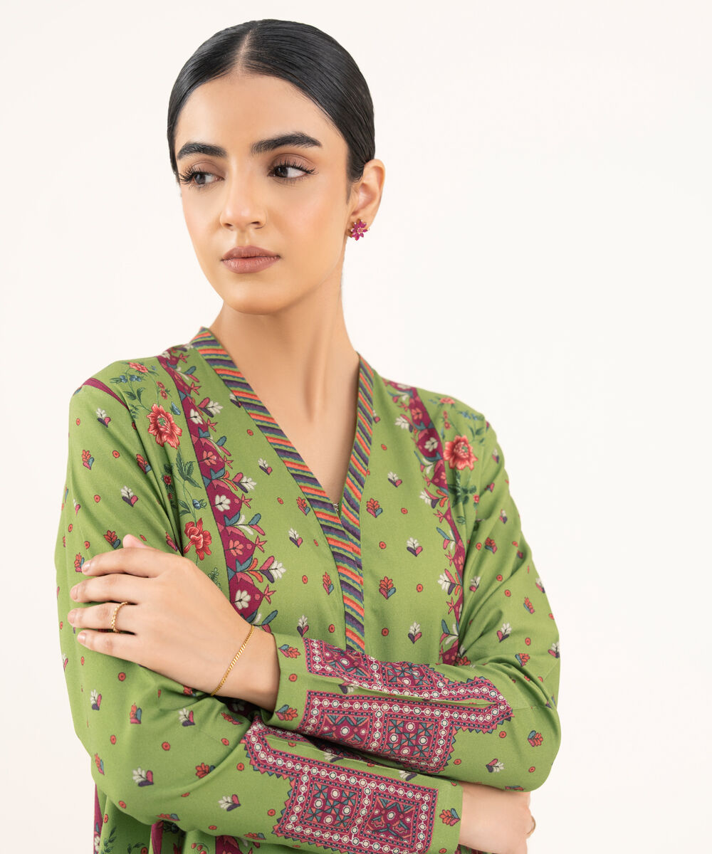 Women's Unstitched Viscose Khaddar Printed Green 2 Piece Suit