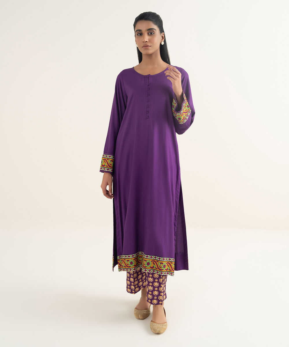 Women's RTW Textured Viscose Solid Purple Straight Shirt