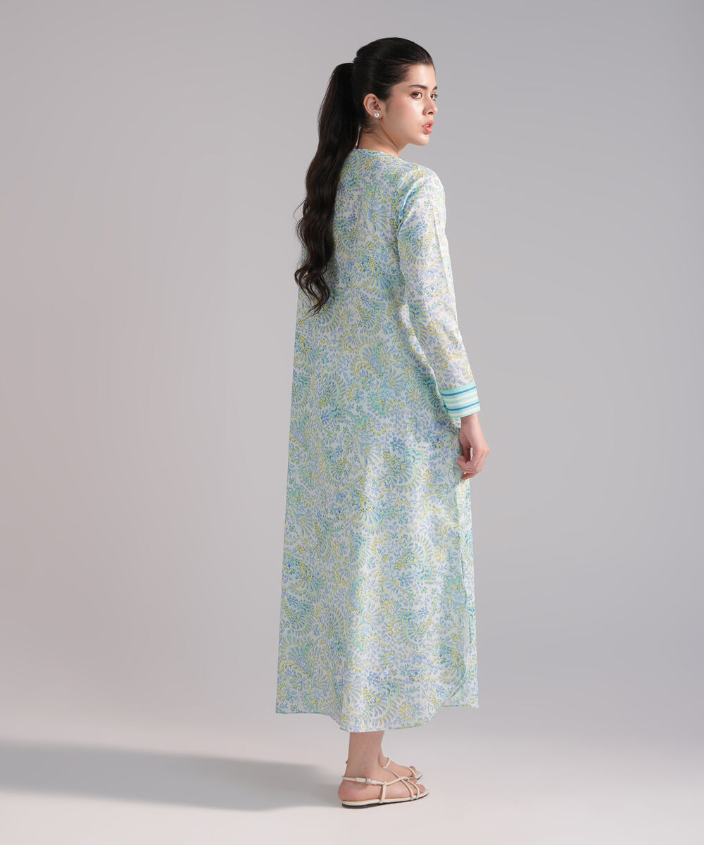 Women's RTW Slub Lawn Printed Blue Straight Shirt