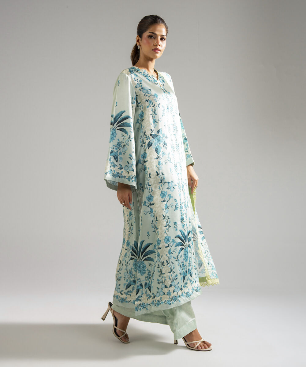 Women's RTW Blended Satin Printed Green 3 Piece Suit