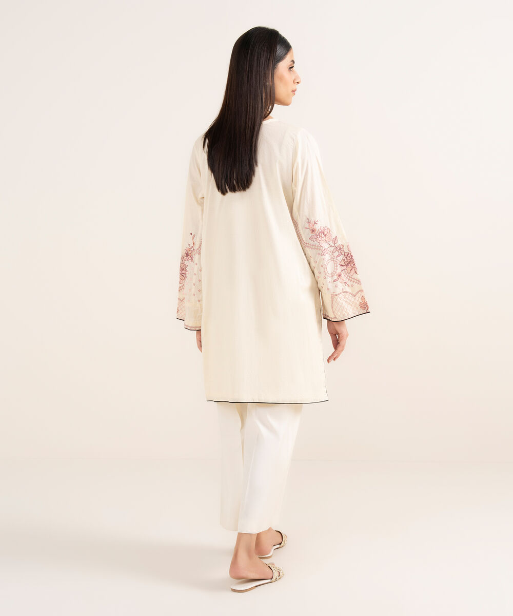 Women's RTW Textured Lawn Off White Embroidered A-Line Shirt