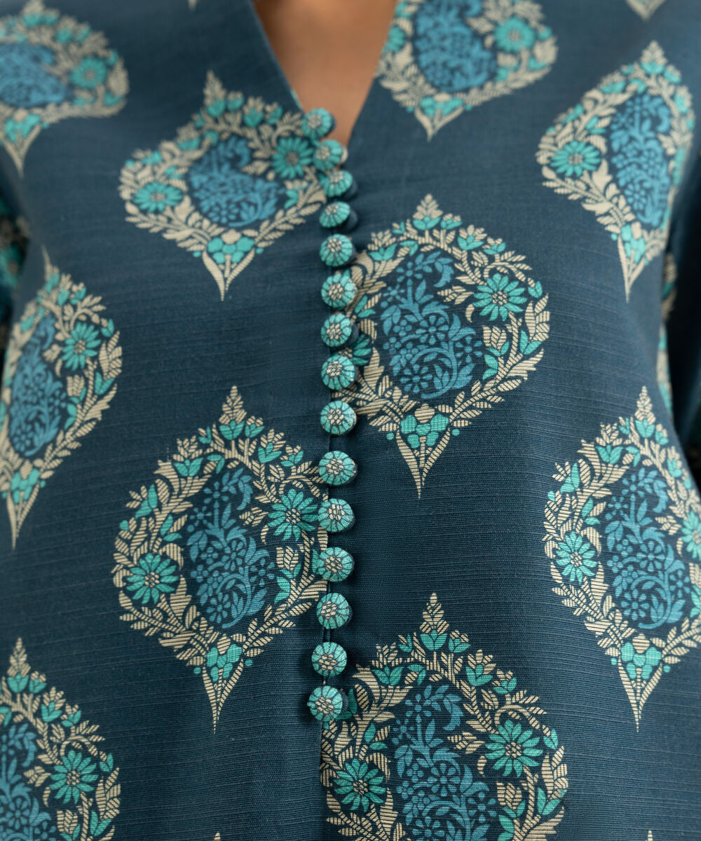 Women's Unstitched Cotton Printed Blue 3 Piece Suit