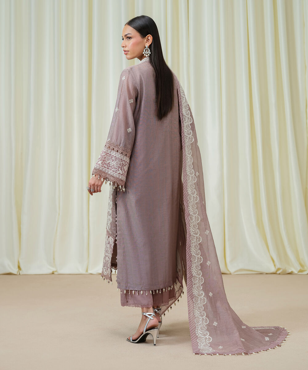 Women's Unstitched Blended Muslin Embroidered Pink 3 Piece Suit