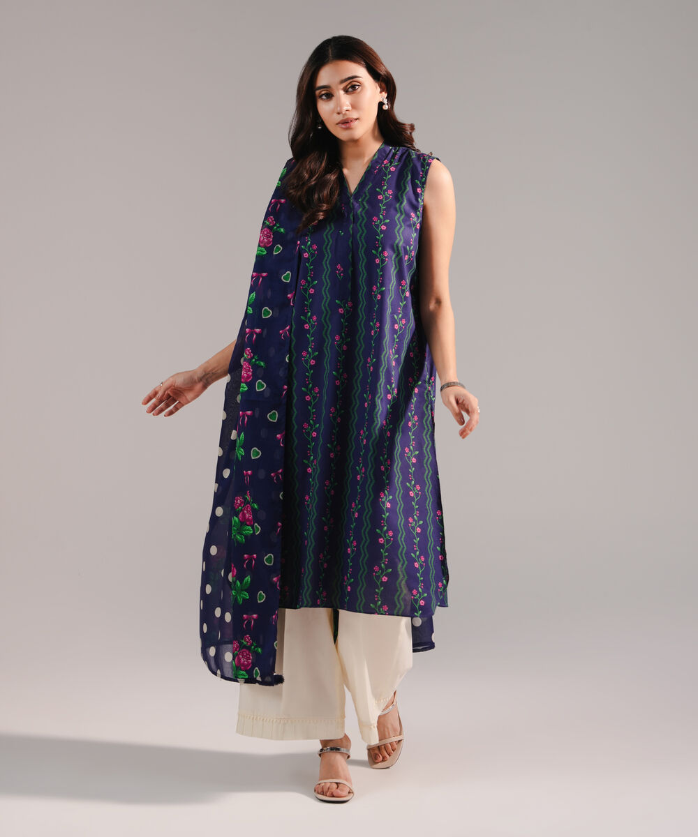 Women's RTW Cotton Viscose Printed Dark Blue 2 Piece Suit