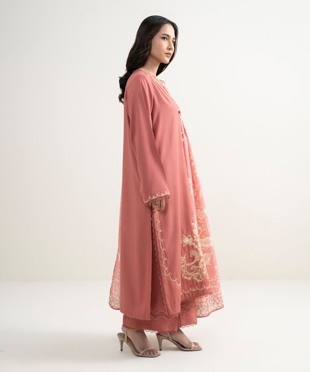 Women's RTW Raw Silk Viscose Embroidered Salmon 3 Piece Suit