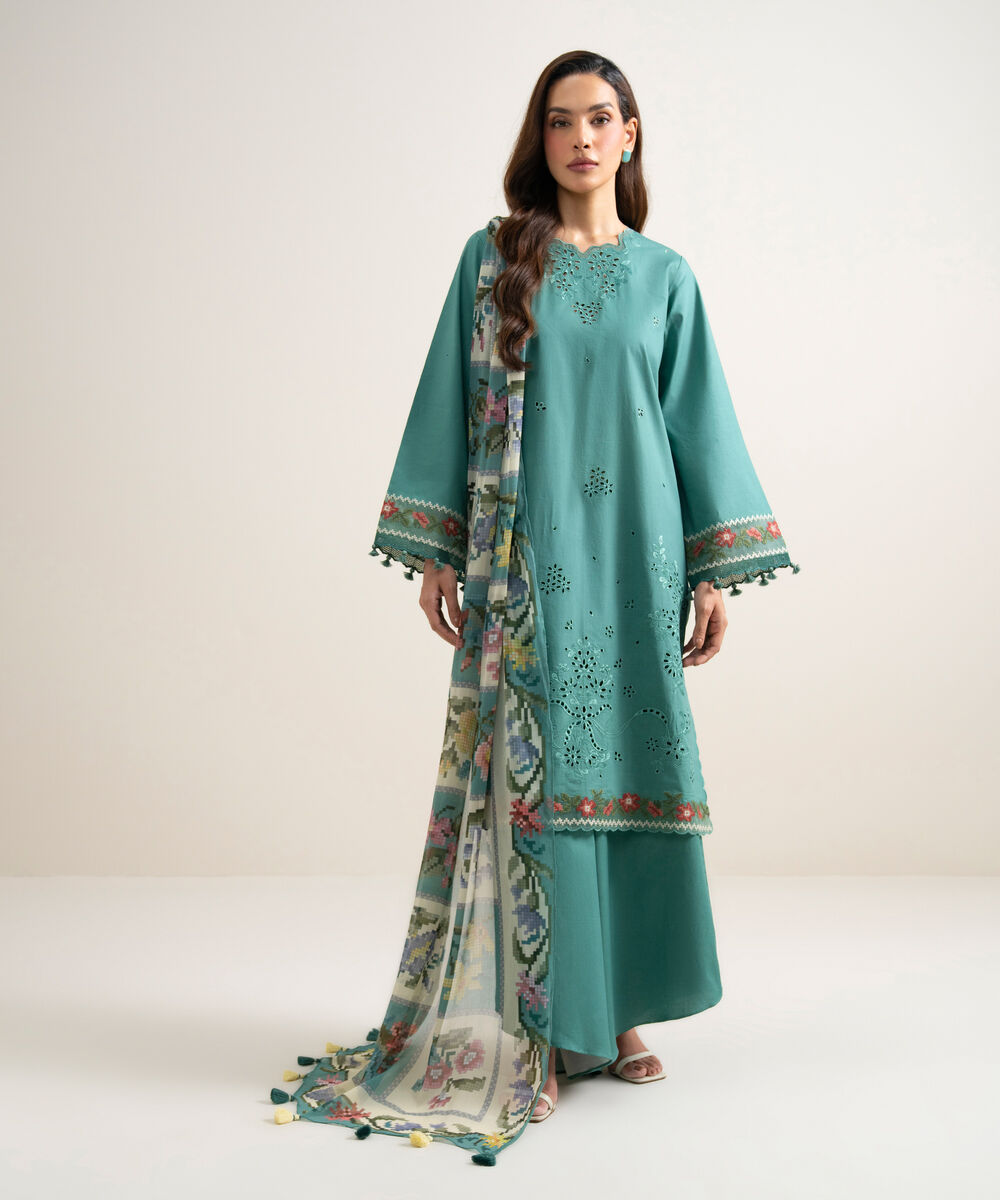 Women's Unstitched Textured Lawn Embroidered Medium Teal 3 Piece Suit