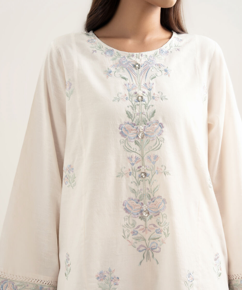 Women's RTW Self Jacquard Embroidered Off White A-Line Shirt