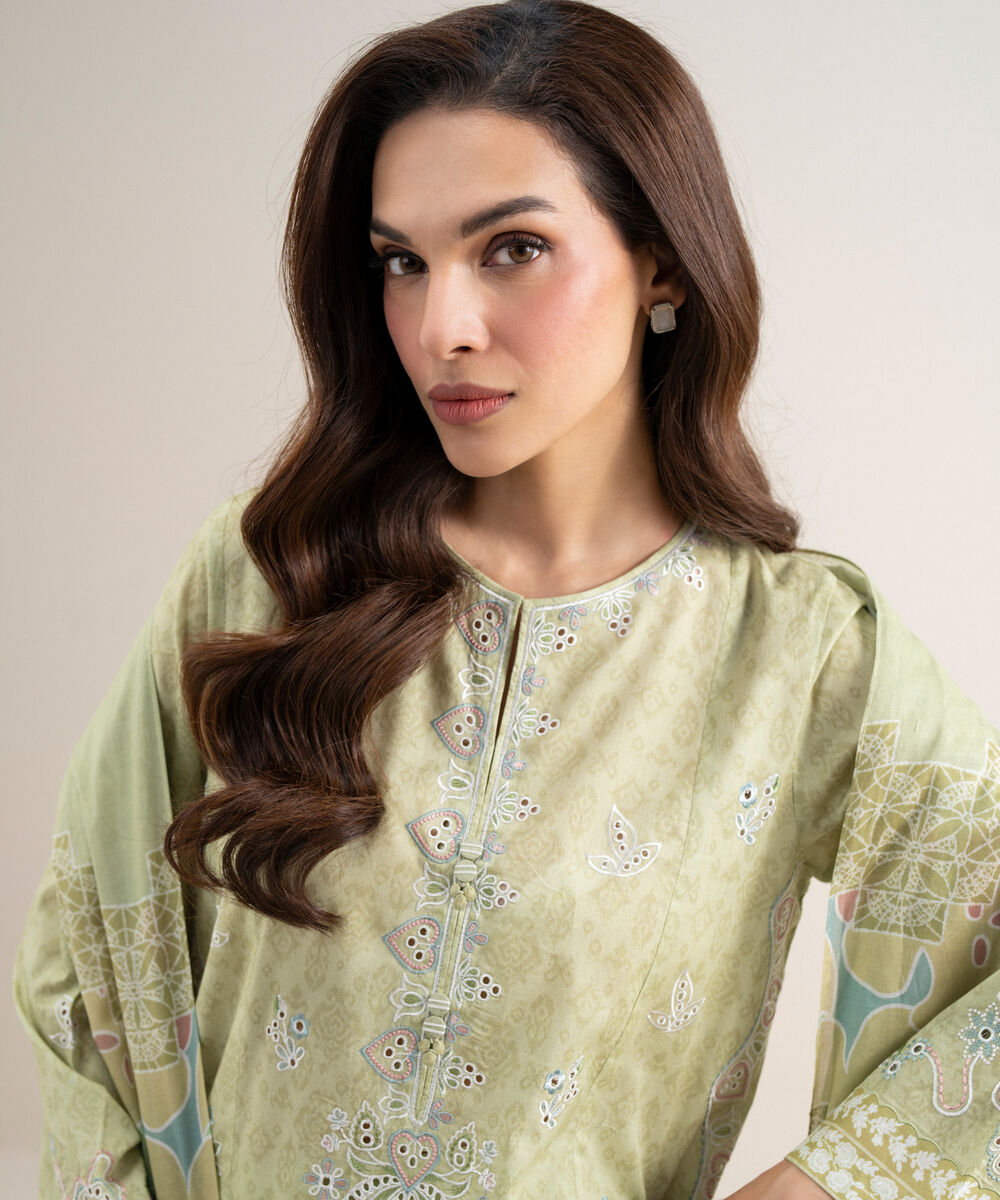 Women's Unstitched Lawn Embroidered Lime Green 3 Piece Suit