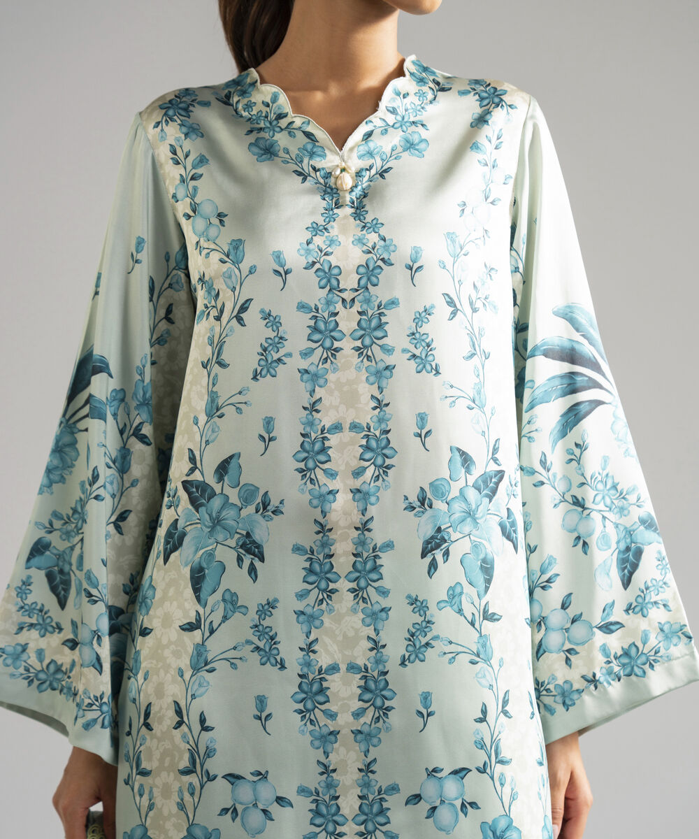 Women's RTW Blended Satin Printed Green 3 Piece Suit