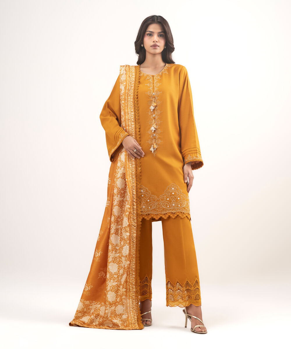 Women's RTW Raw Silk Viscose Embroidered Orange 3 Piece Suit