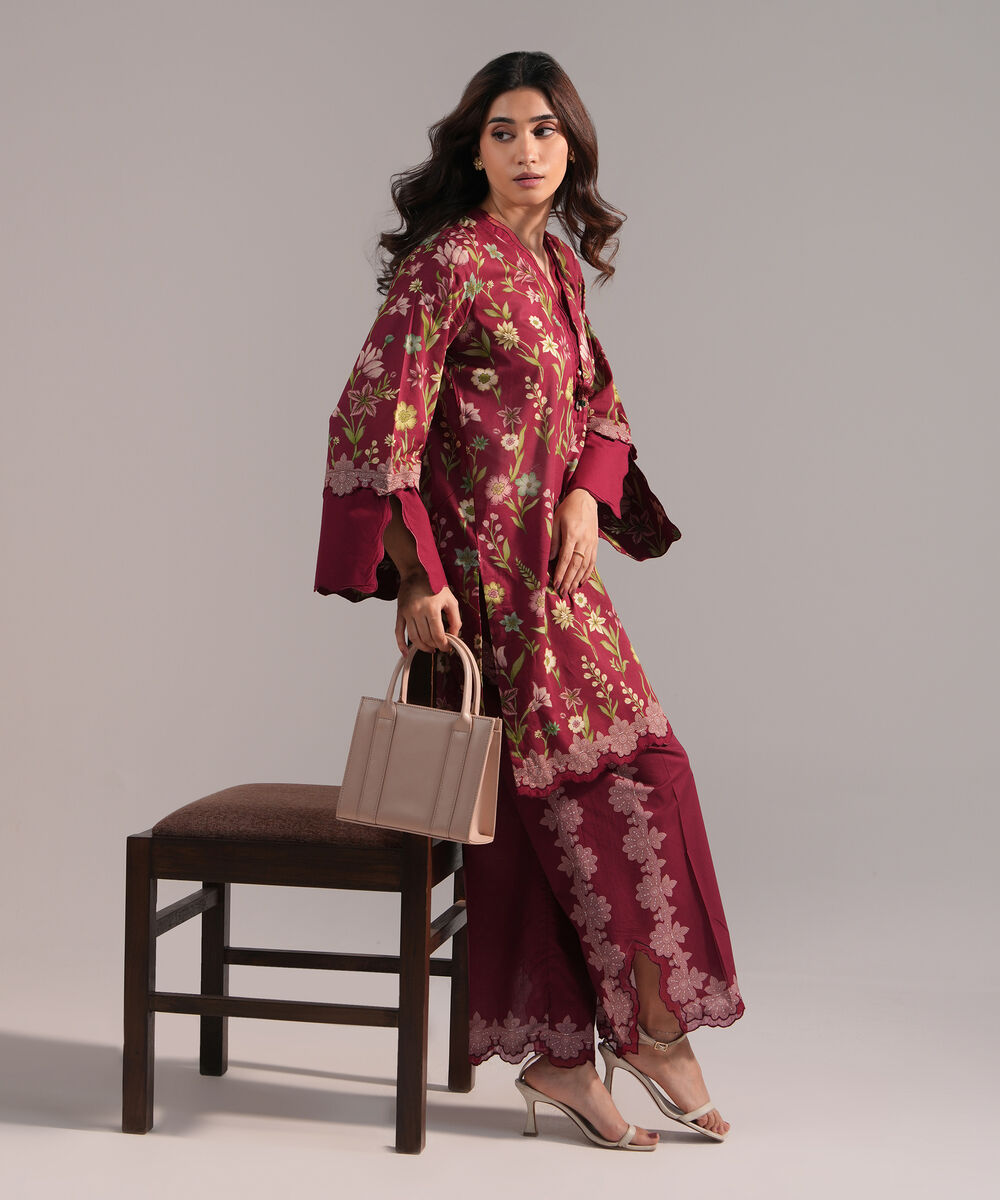 Women's RTW Lawn Printed Maroon Straight Shirt
