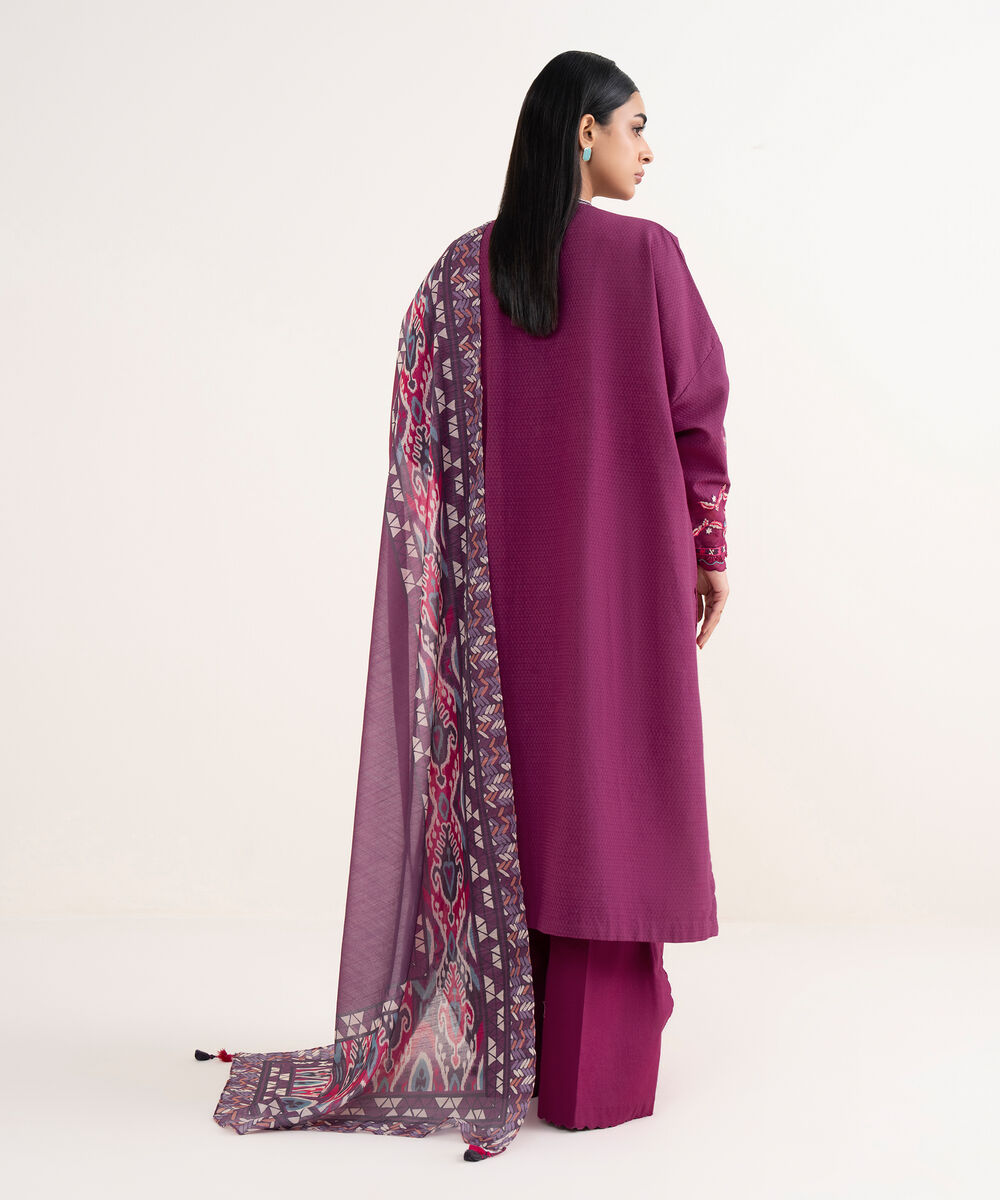 Women's Unstitched Dobby Embroidered Purple 3 Piece Suit