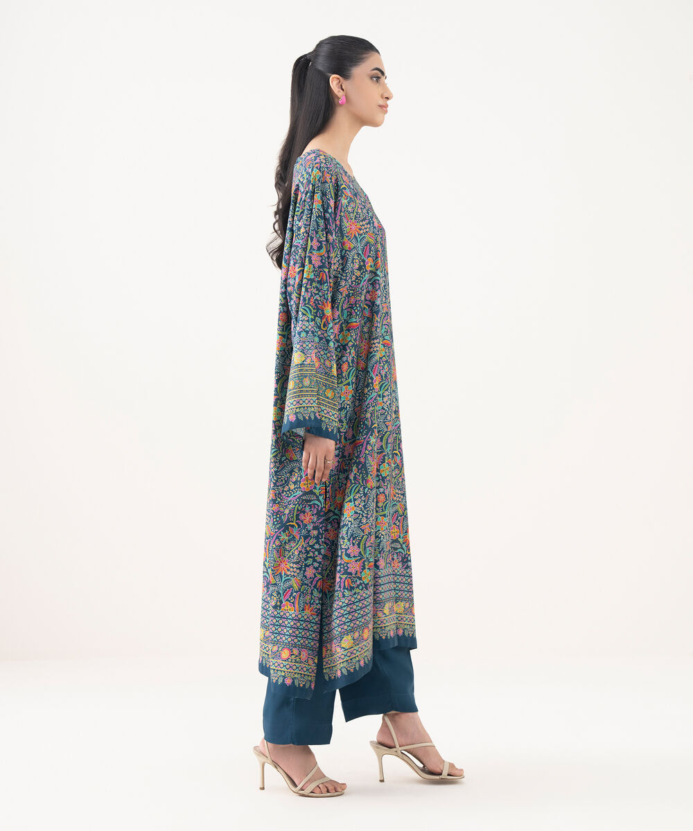 Women's RTW Viscose Linen Teal Printed Drop Shoulder Shirt