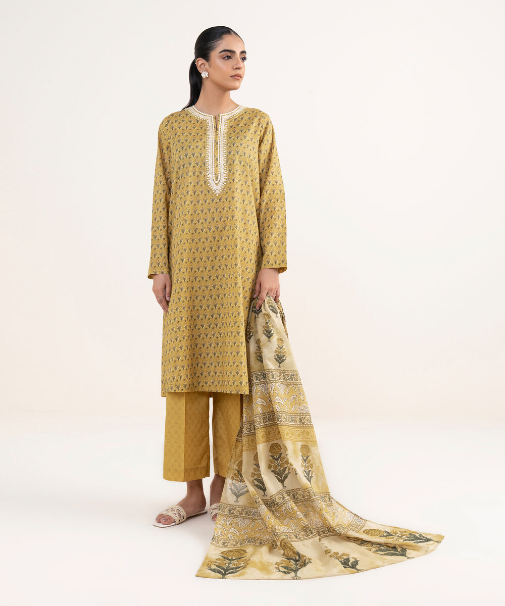 Women's RTW Lawn Mustard Embroidered Straight Shirt