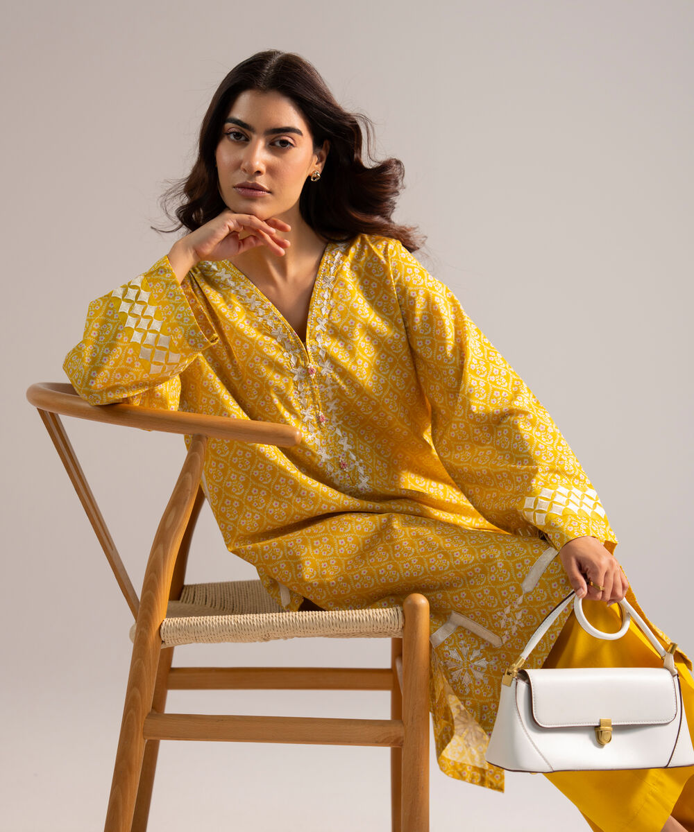 Women's RTW Lawn Embroidered Yellow Straight Shirt