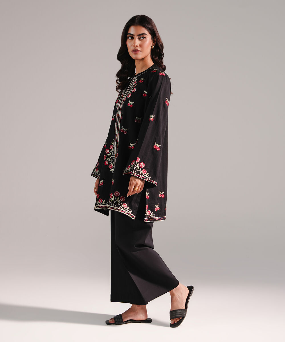 Women's RTW Dobby Embroidered Black 2 Piece Suit