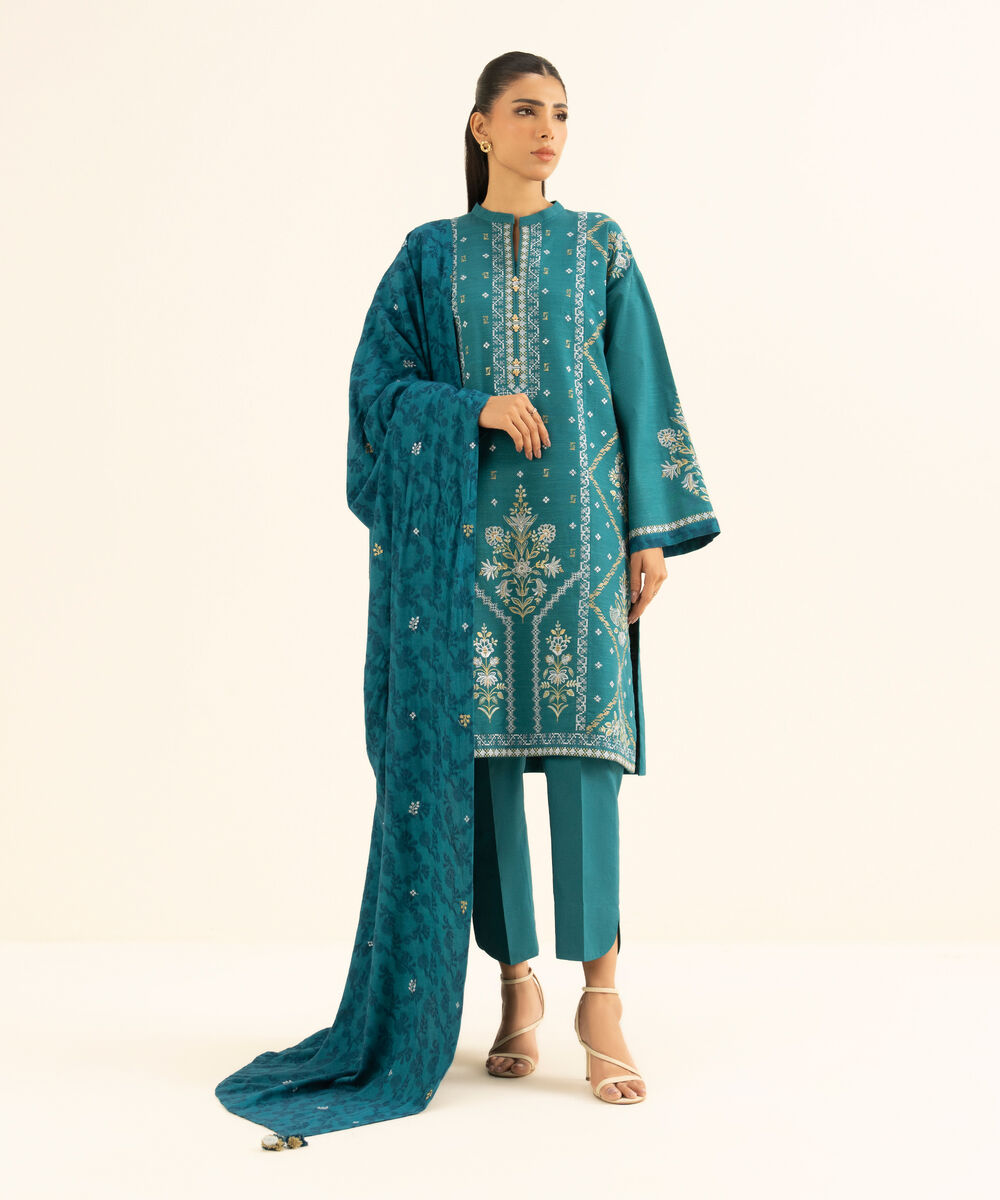 Women's Unstitched Khaddar Embroidered Green 3 Piece Suit