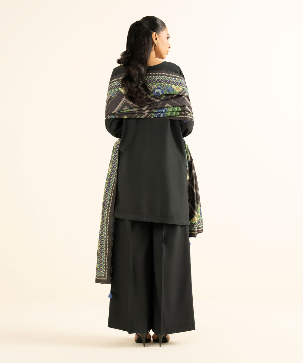 Women's Unstitched Viscose Raw Silk Embroidered Black 3 Piece Suit