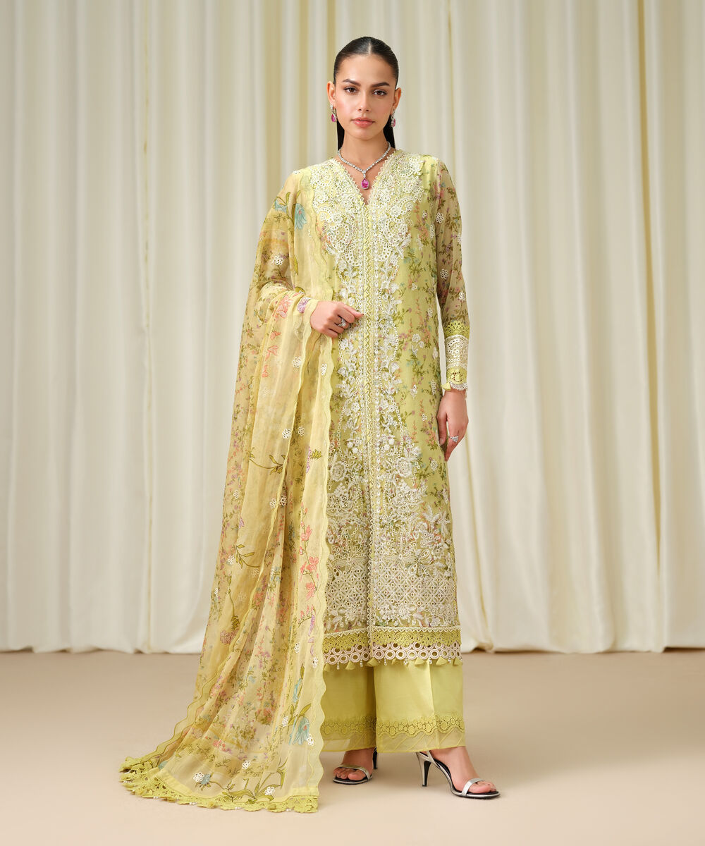 Women's Unstitched Blended Chiffon Embroidered Yellow  3 Piece Suit