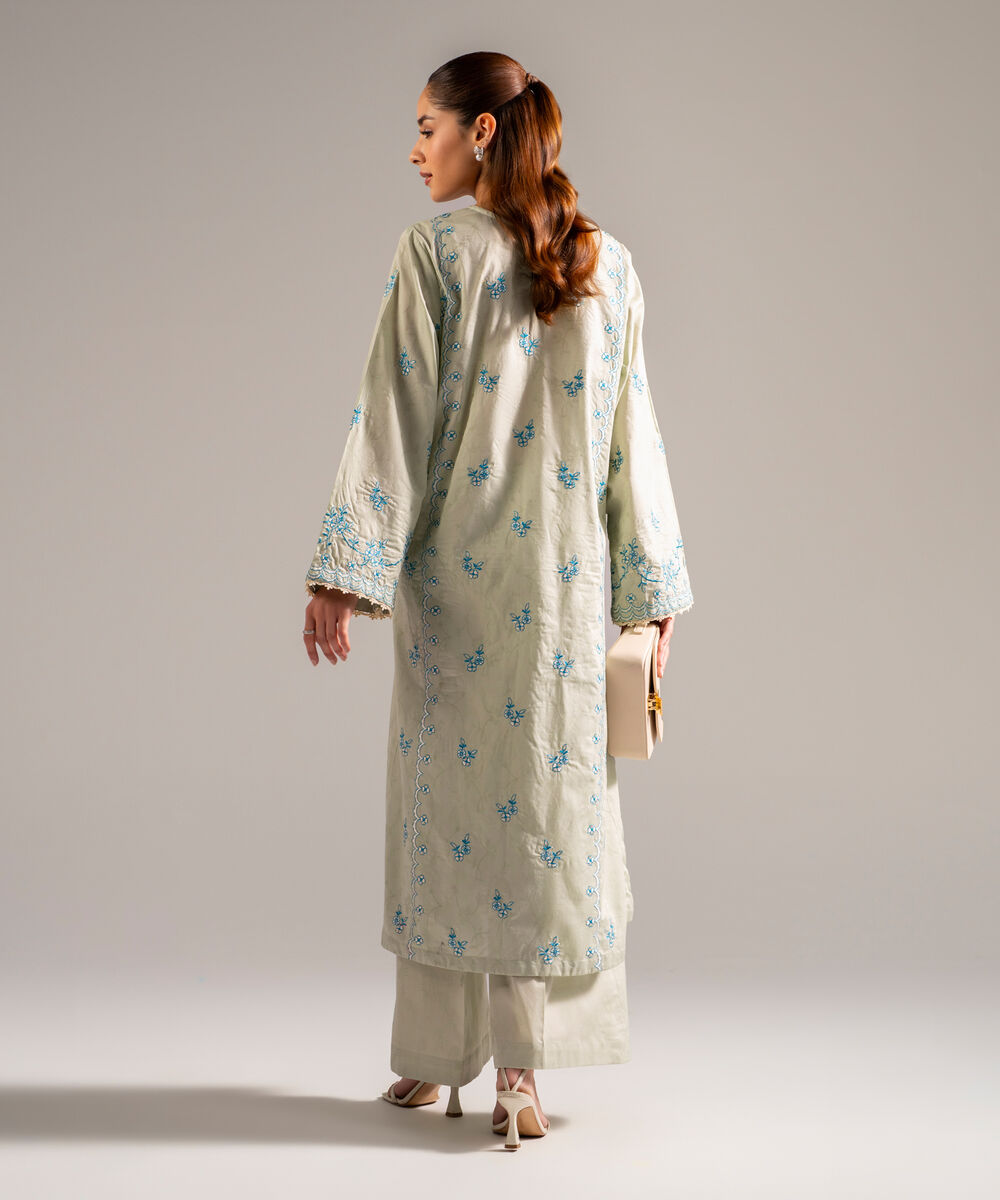 Women's RTW Self Jacquard Embroidered Green 2 Piece Suit