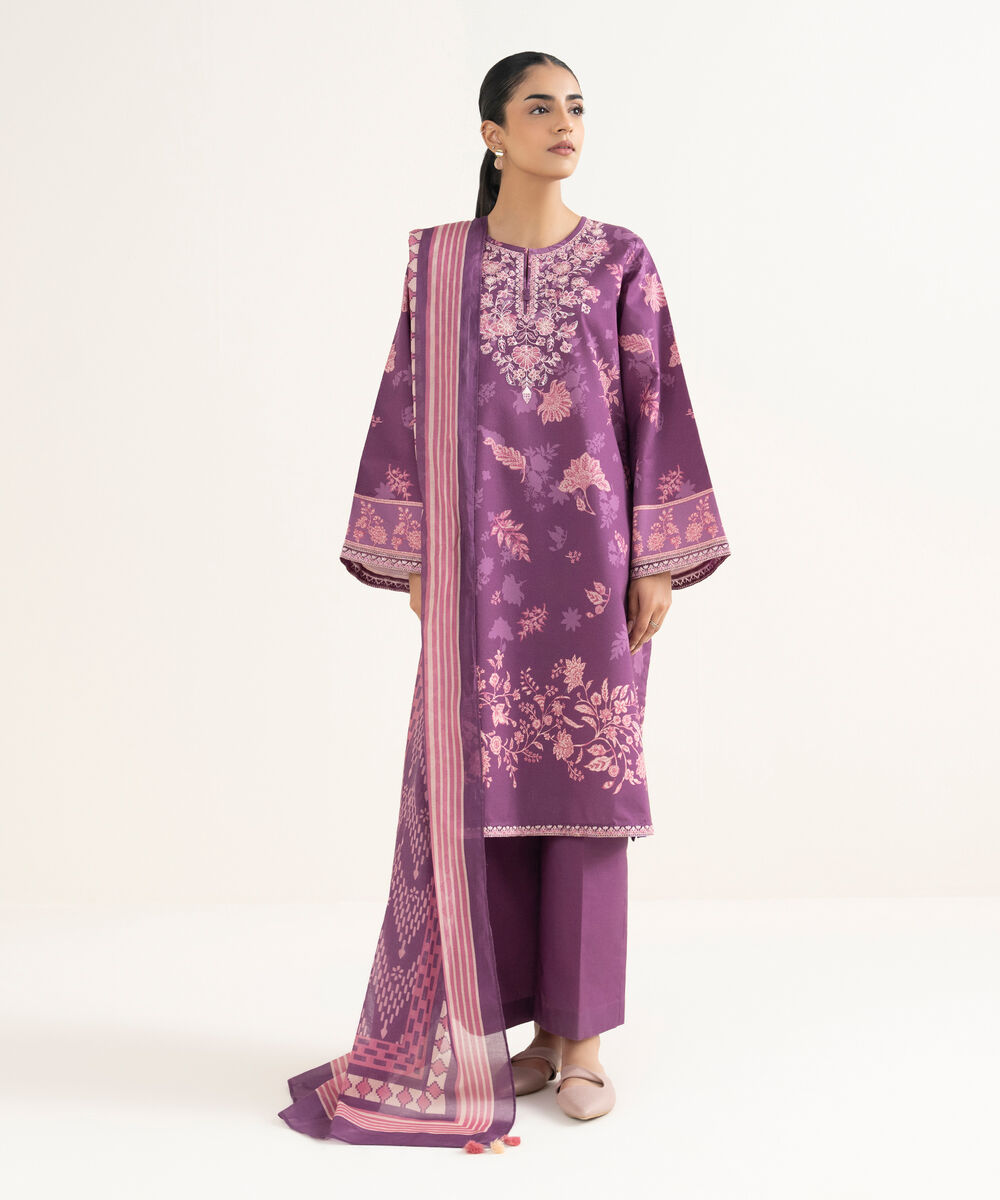 Women's Unstitched Cotton Embroidered Purple 3 Piece Suit