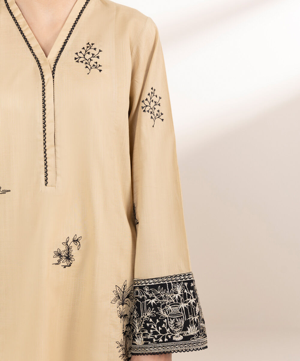 Women's Pret Cross Hatch Beige Embroidered A-Line Shirt