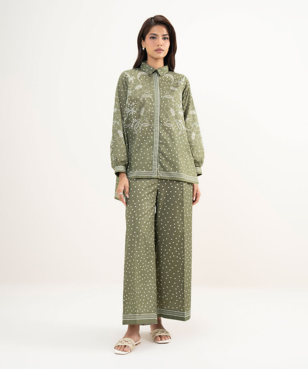 Women's RTW Lawn Printed Green Straight Shirt