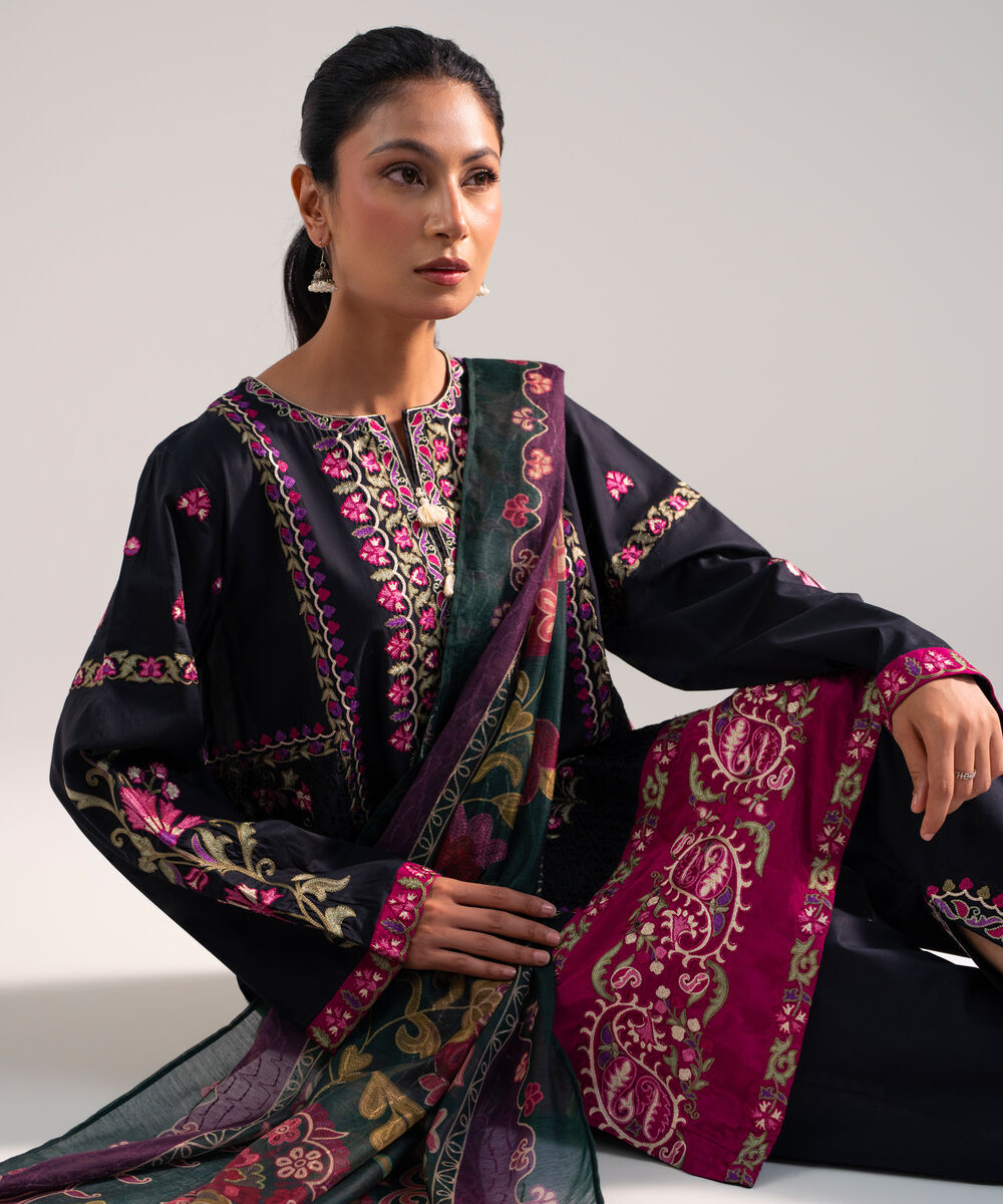 Women's Stitched for You Textured Lawn Black Embroidered 3 Piece Suit