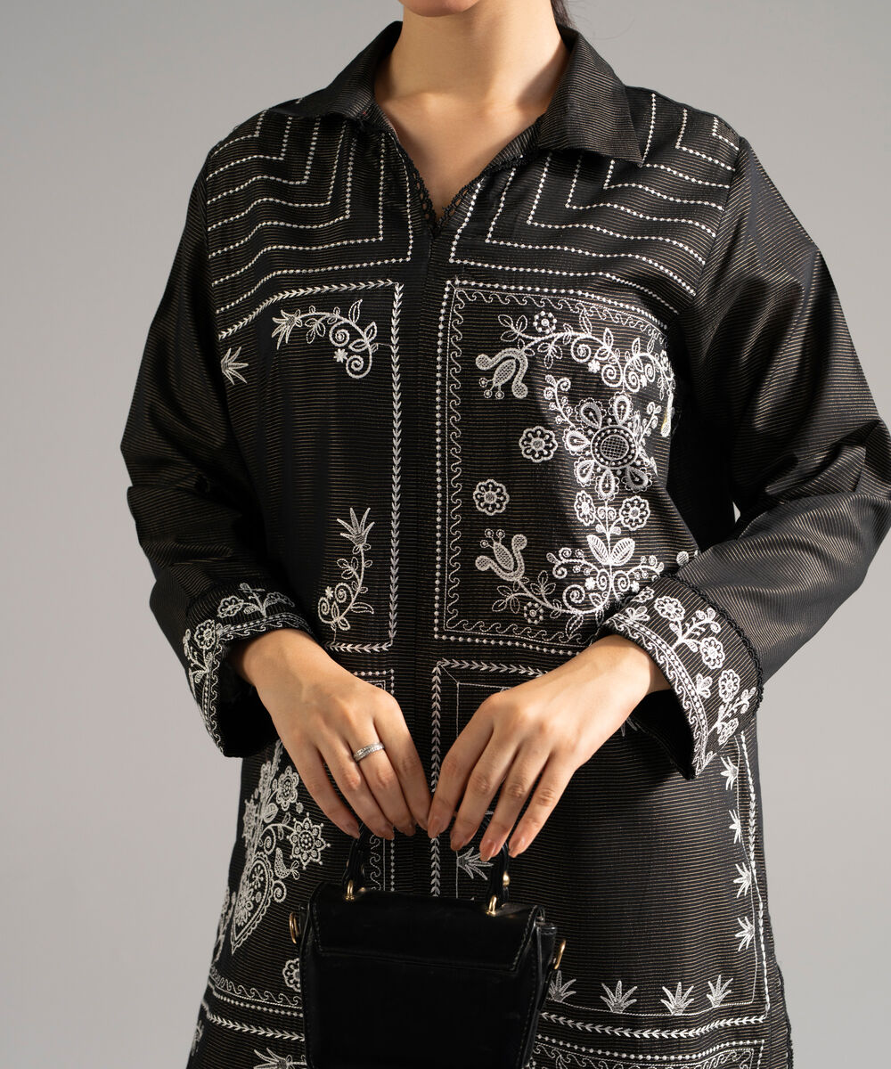 Women's RTW Zari Lawn Embroidered Black Straight Shirt