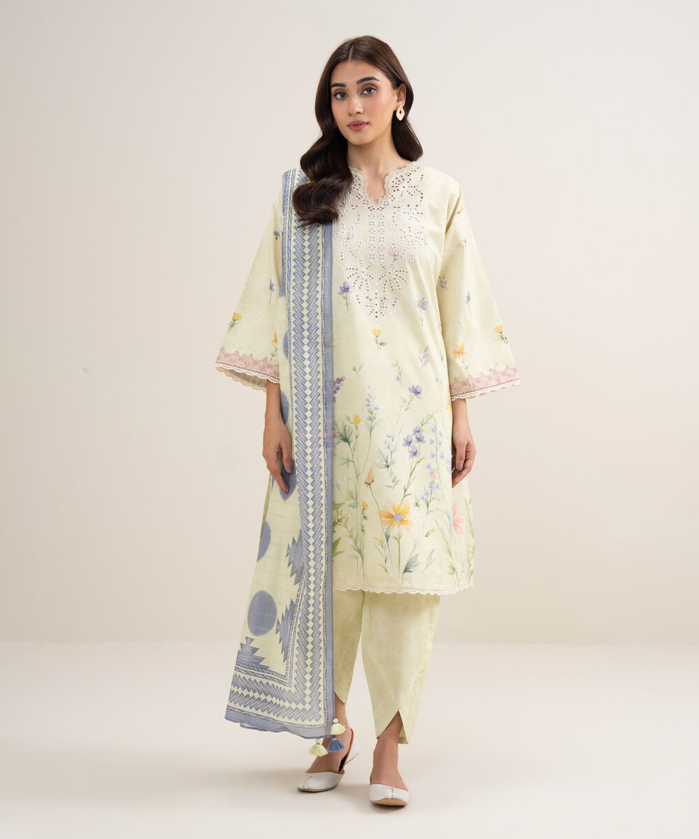 Women's Unstitched Zari Lawn Embroidered Lime Yellow 3 Piece Suit